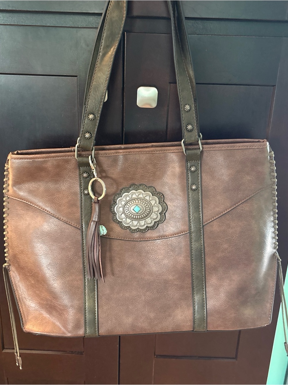 Tony Lama Brown Tote with Turquoise Medallion